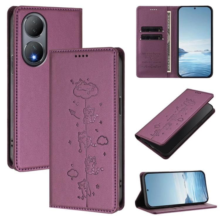 Cute Cats Embossed Magnetic RFID Vegan Leather Phone Case, For vivo Y78+ 5G / Y78 5G, For vivo Y100 5G / Y100A 5G India