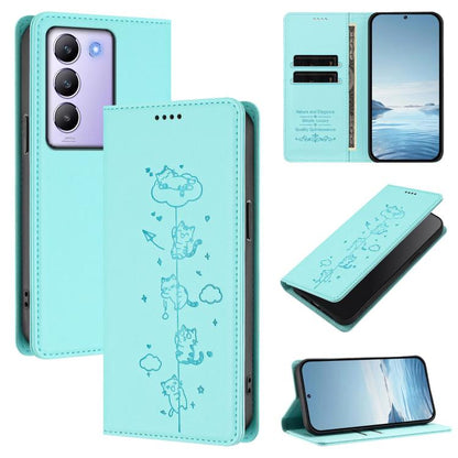 Cute Cats Embossed Magnetic RFID Vegan Leather Phone Case, For vivo Y100 5G / T3 5G IDN, For vivo S18 / S18 Pro / V30 / V30 Pro 5G