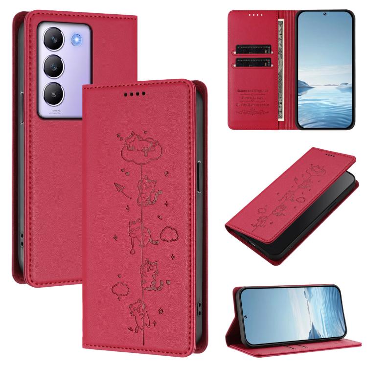 Cute Cats Embossed Magnetic RFID Vegan Leather Phone Case, For vivo Y100 5G / T3 5G IDN, For vivo S18 / S18 Pro / V30 / V30 Pro 5G