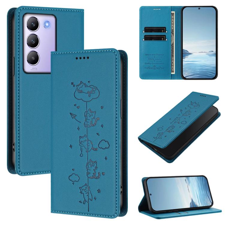 Cute Cats Embossed Magnetic RFID Vegan Leather Phone Case, For vivo Y100 5G / T3 5G IDN, For vivo S18 / S18 Pro / V30 / V30 Pro 5G