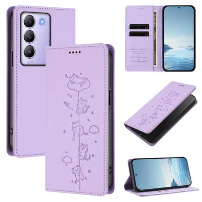 Cute Cats Embossed Magnetic RFID Vegan Leather Phone Case, For vivo Y100 5G / T3 5G IDN, For vivo S18 / S18 Pro / V30 / V30 Pro 5G