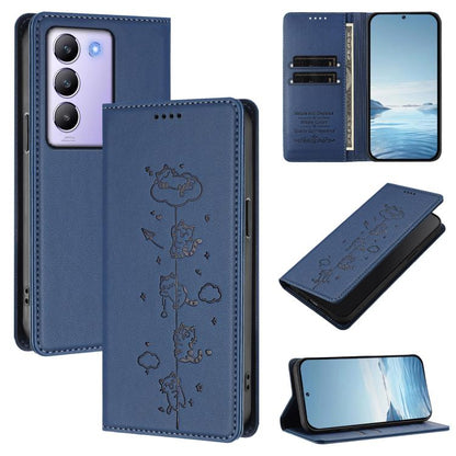 Cute Cats Embossed Magnetic RFID Vegan Leather Phone Case, For vivo Y100 5G / T3 5G IDN, For vivo S18 / S18 Pro / V30 / V30 Pro 5G