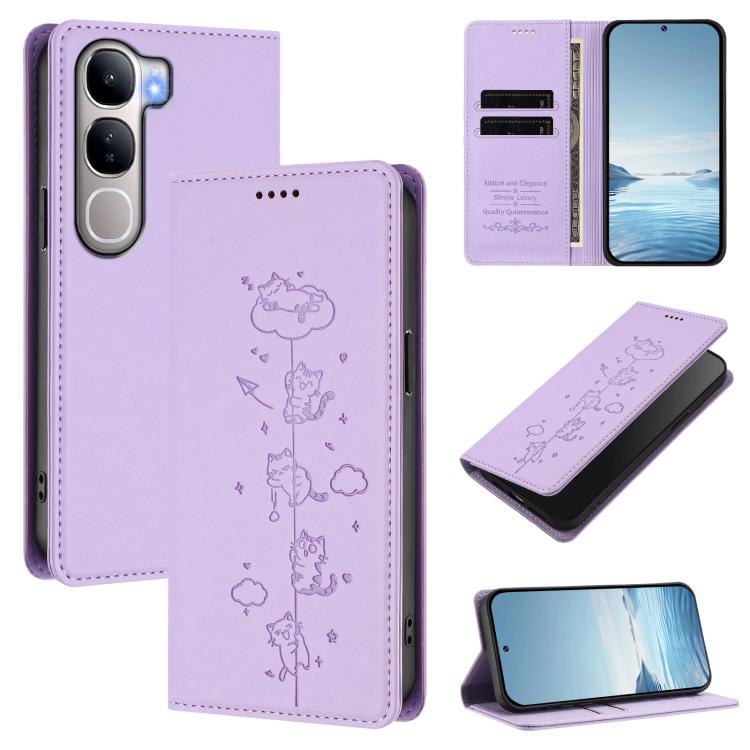 Cute Cats Embossed Magnetic RFID Vegan Leather Phone Case, For vivo S20 Pro 5G, For vivo V40 Lite 5G / 4G / Y300 5G IDN
