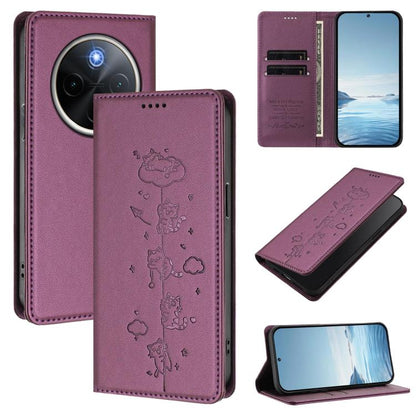 Cute Cats Embossed Magnetic RFID Vegan Leather Phone Case, For vivo X200s 5G, For vivo Y300 Pro+ 5G / T4 5G