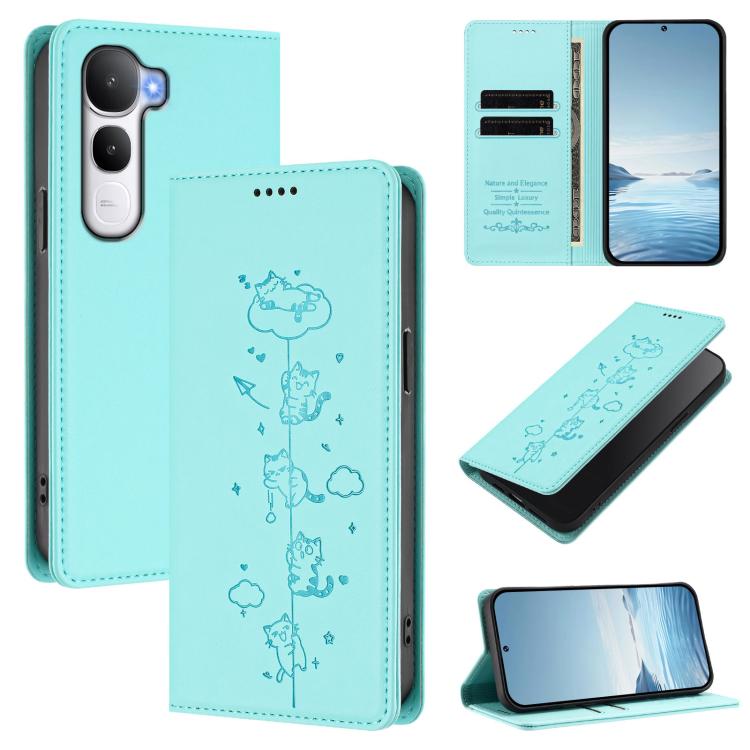 Cute Cats Embossed Magnetic RFID Vegan Leather Phone Case, For vivo Y400 5G / 4G, For vivo iQOO Neo 10+