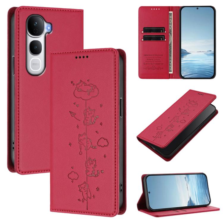 Cute Cats Embossed Magnetic RFID Vegan Leather Phone Case, For vivo Y400 Pro 5G, For vivo S30
