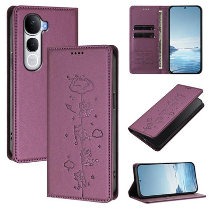 Cute Cats Embossed Magnetic RFID Vegan Leather Phone Case, For vivo Y400 Pro 5G, For vivo S30