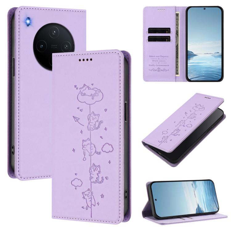 Cute Cats Embossed Magnetic RFID Vegan Leather Phone Case, For vivo Y500 Pro 5G, For vivo iQOO 15 5G