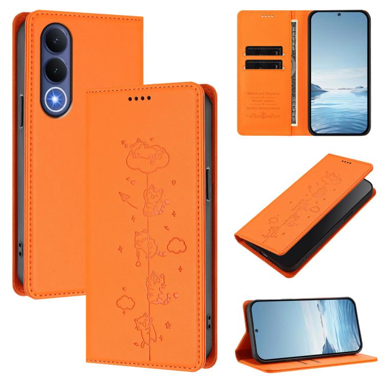 Cute Cats Embossed Magnetic RFID Vegan Leather Phone Case, For vivo Y21 5G 2026 / vivo Y05 4G, For vivo V70 FE 5G