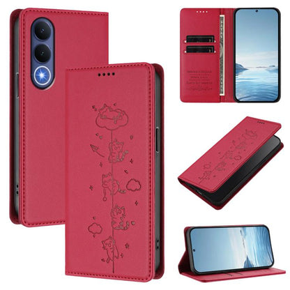 Cute Cats Embossed Magnetic RFID Vegan Leather Phone Case, For vivo Y21 5G 2026 / vivo Y05 4G, For vivo V70 FE 5G