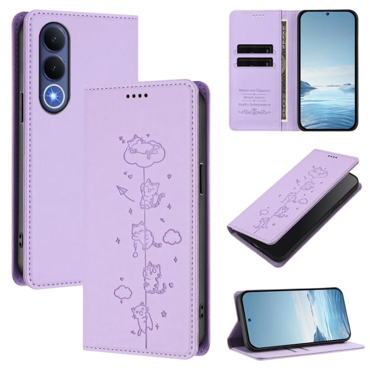 Cute Cats Embossed Magnetic RFID Vegan Leather Phone Case, For vivo Y21 5G 2026 / vivo Y05 4G, For vivo V70 FE 5G