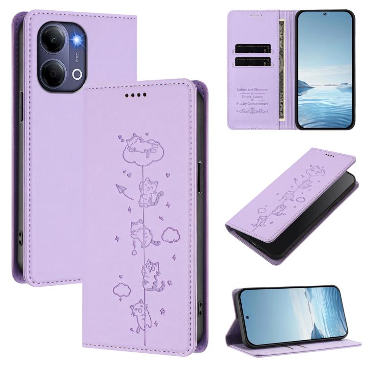 Cute Cats Embossed Magnetic RFID Vegan Leather Phone Case, For vivo Y21 5G 2026 / vivo Y05 4G, For vivo V70 FE 5G