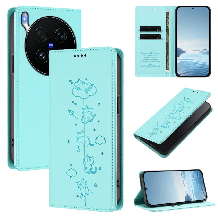 Cute Cats Embossed Magnetic RFID Vegan Leather Phone Case, For vivo X300 Ultra, For vivo S50 Pro mini 5G