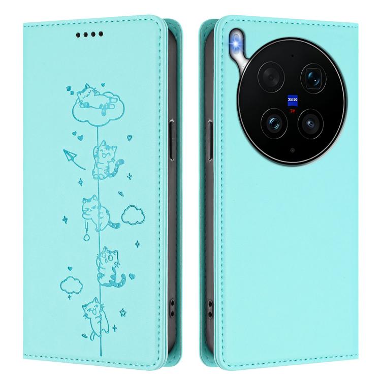 Cute Cats Embossed Magnetic RFID Vegan Leather Phone Case, For vivo X300 Ultra, For vivo S50 Pro mini 5G
