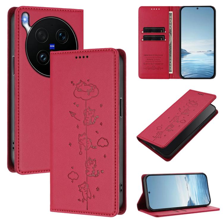 Cute Cats Embossed Magnetic RFID Vegan Leather Phone Case, For vivo X300 Ultra, For vivo S50 Pro mini 5G