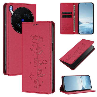 Cute Cats Embossed Magnetic RFID Vegan Leather Phone Case, For vivo X300 Ultra, For vivo S50 Pro mini 5G