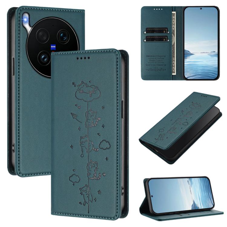 Cute Cats Embossed Magnetic RFID Vegan Leather Phone Case, For vivo X300 Ultra, For vivo S50 Pro mini 5G