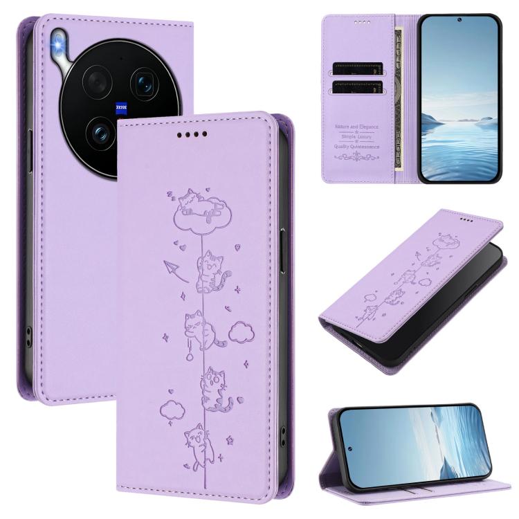 Cute Cats Embossed Magnetic RFID Vegan Leather Phone Case, For vivo X300 Ultra, For vivo S50 Pro mini 5G