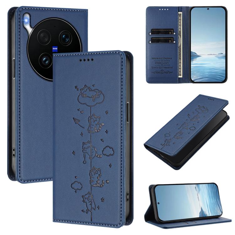 Cute Cats Embossed Magnetic RFID Vegan Leather Phone Case, For vivo X300 Ultra, For vivo S50 Pro mini 5G