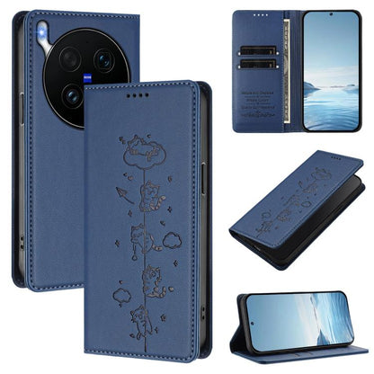 Cute Cats Embossed Magnetic RFID Vegan Leather Phone Case, For vivo X300 Ultra, For vivo S50 Pro mini 5G