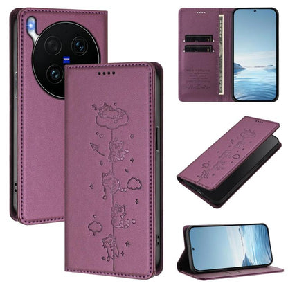 Cute Cats Embossed Magnetic RFID Vegan Leather Phone Case, For vivo X300 Ultra, For vivo S50 Pro mini 5G