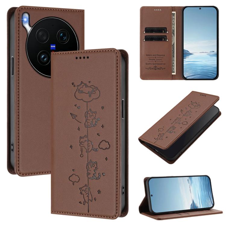 Cute Cats Embossed Magnetic RFID Vegan Leather Phone Case, For vivo X300 Ultra, For vivo S50 Pro mini 5G