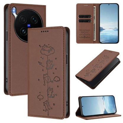 Cute Cats Embossed Magnetic RFID Vegan Leather Phone Case, For vivo X300 Ultra, For vivo S50 Pro mini 5G