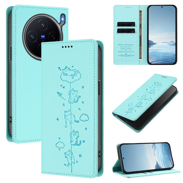 Cute Cats Embossed Magnetic RFID Vegan Leather Phone Case, For vivo X300 FE 5G / S50 Pro mini 5G, For vivo X300s