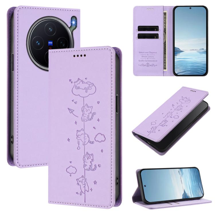 Cute Cats Embossed Magnetic RFID Vegan Leather Phone Case, For vivo X300 FE 5G / S50 Pro mini 5G, For vivo X300s