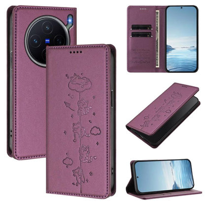Cute Cats Embossed Magnetic RFID Vegan Leather Phone Case, For vivo X300 FE 5G / S50 Pro mini 5G, For vivo X300s