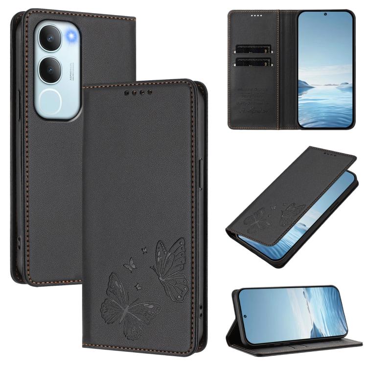 Strong Magnetic Dual Butterfly RFID Vegan Leather Phone Case, For vivo Y39 5G Global, For vivo Y19s 4G Global / Y29 5G India