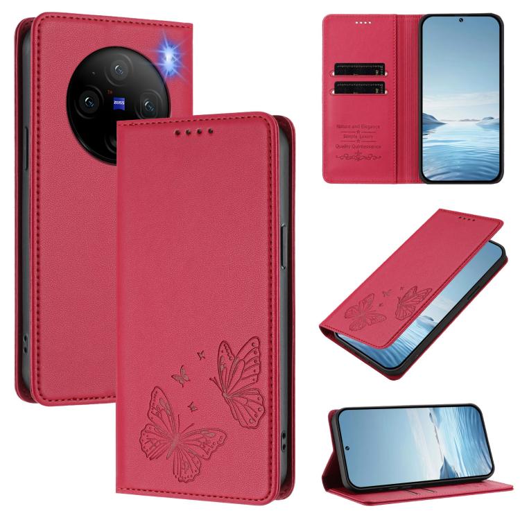 Strong Magnetic Dual Butterfly RFID Vegan Leather Phone Case, For vivo Y28 4G Global, For vivo X100 Pro / X100s Pro 5G