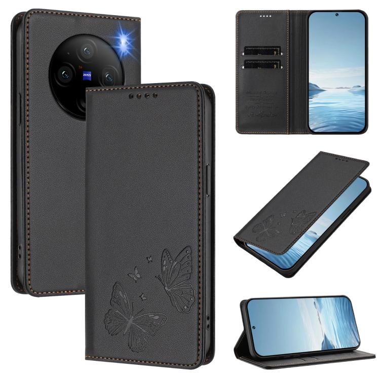 Strong Magnetic Dual Butterfly RFID Vegan Leather Phone Case, For vivo Y28 4G Global, For vivo X100 Pro / X100s Pro 5G