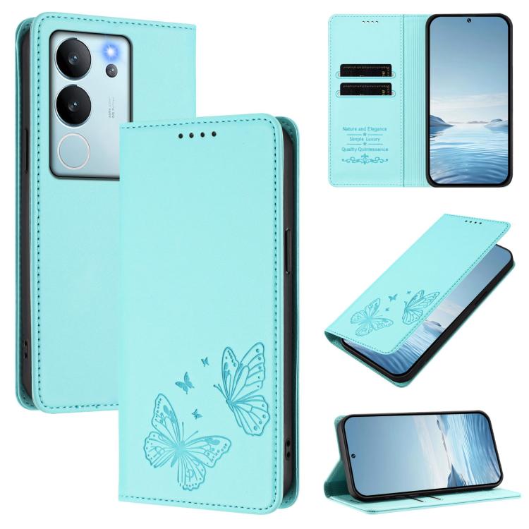 Strong Magnetic Dual Butterfly RFID Vegan Leather Phone Case, For vivo iQOO Z9 / Z9 Turbo, For vivo V29e 5G / Y200 5G / V30 Lite 5G Global