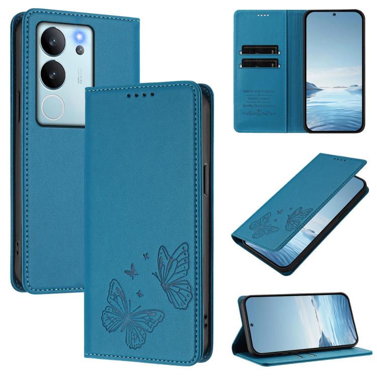 Strong Magnetic Dual Butterfly RFID Vegan Leather Phone Case, For vivo iQOO Z9 / Z9 Turbo, For vivo V29e 5G / Y200 5G / V30 Lite 5G Global