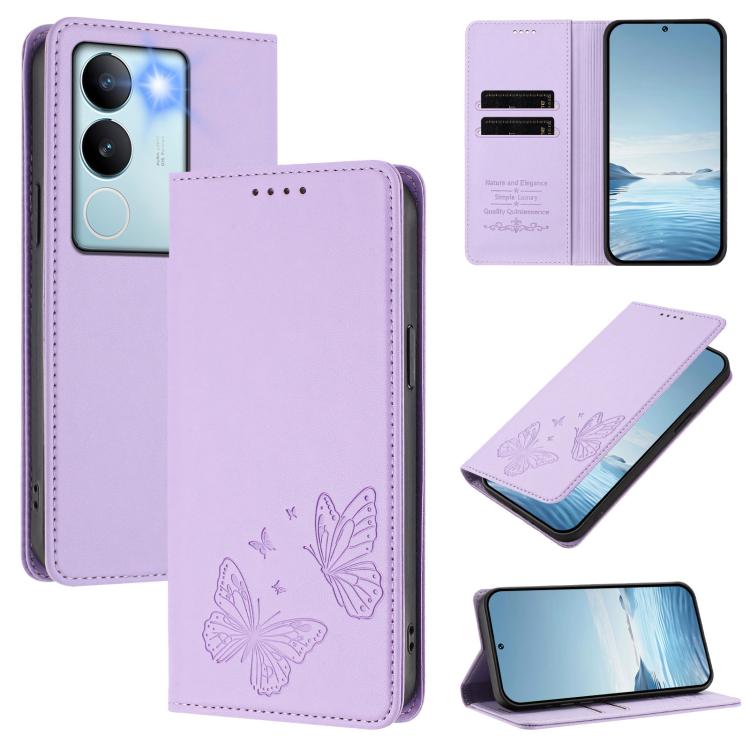 Strong Magnetic Dual Butterfly RFID Vegan Leather Phone Case, For vivo V29 / V29 Pro Global, For vivo Y17s 4G  Global / 5G India