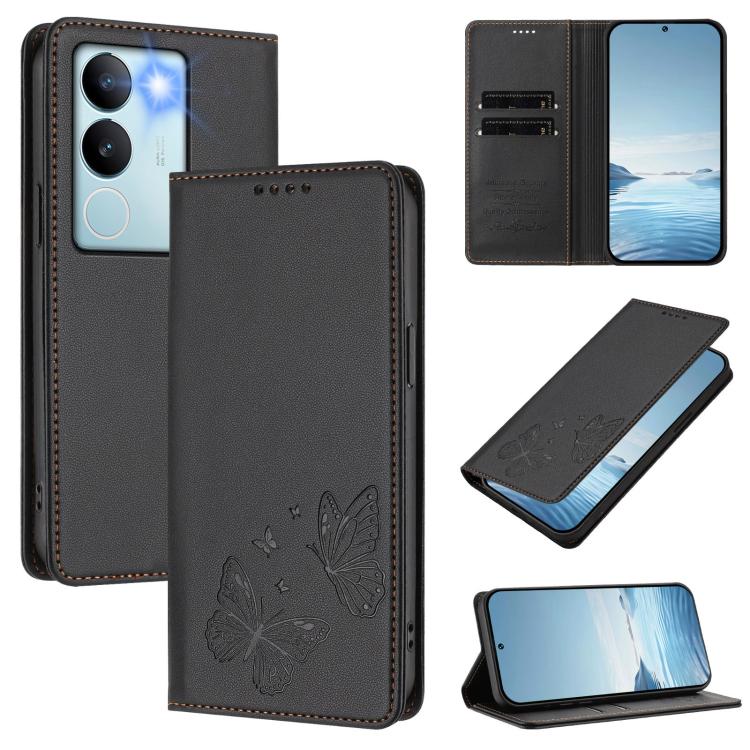 Strong Magnetic Dual Butterfly RFID Vegan Leather Phone Case, For vivo V29 / V29 Pro Global, For vivo Y17s 4G  Global / 5G India
