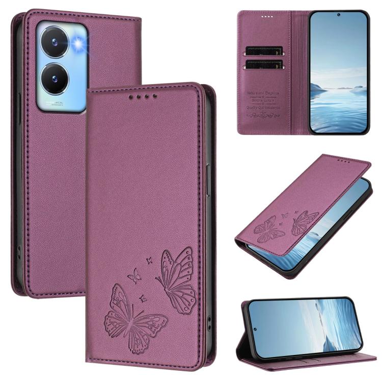 Strong Magnetic Dual Butterfly RFID Vegan Leather Phone Case, For vivo Y100 5G / Y100A 5G India, For vivo Y56 5G / Y16 4G / Y02s 4G