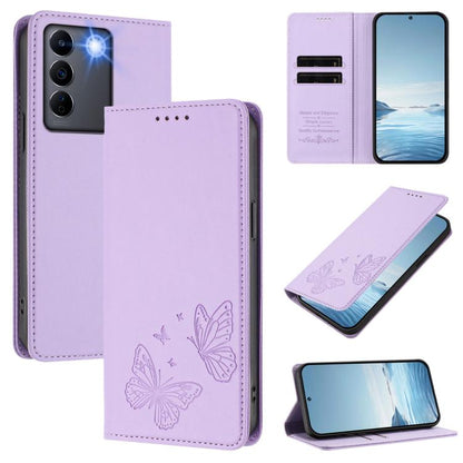 Strong Magnetic Dual Butterfly RFID Vegan Leather Phone Case, For vivo V27 / V27 Pro 5G Global, For vivo V27e 4G / T2 4G Global