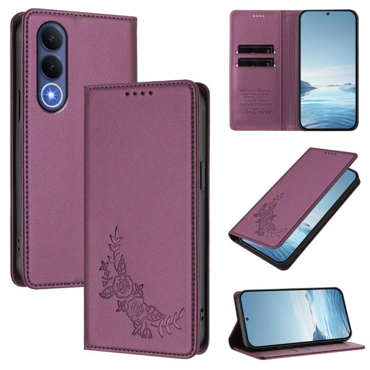 Peony Embossed Magnetic RFID Vegan Leather Phone Case, For vivo V70 FE, For vivo V70 5G / V70 Elite 5G Global