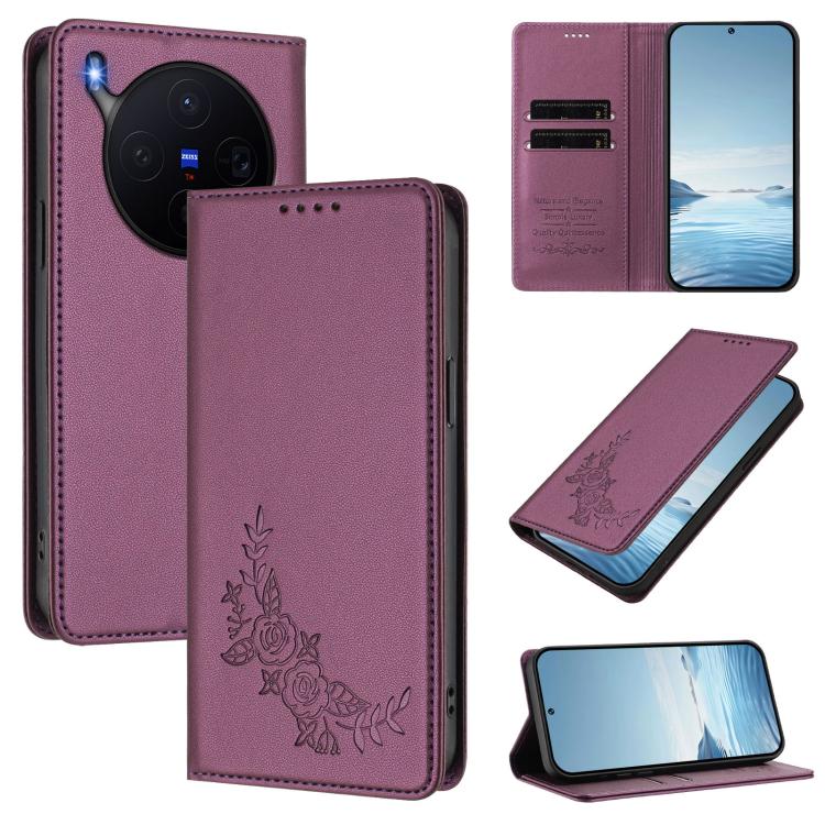 Peony Embossed Magnetic RFID Vegan Leather Phone Case, For vivo X300, For vivo V60 Lite 5G Global