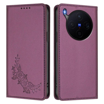 Peony Embossed Magnetic RFID Vegan Leather Phone Case, For vivo X300, For vivo V60 Lite 5G Global