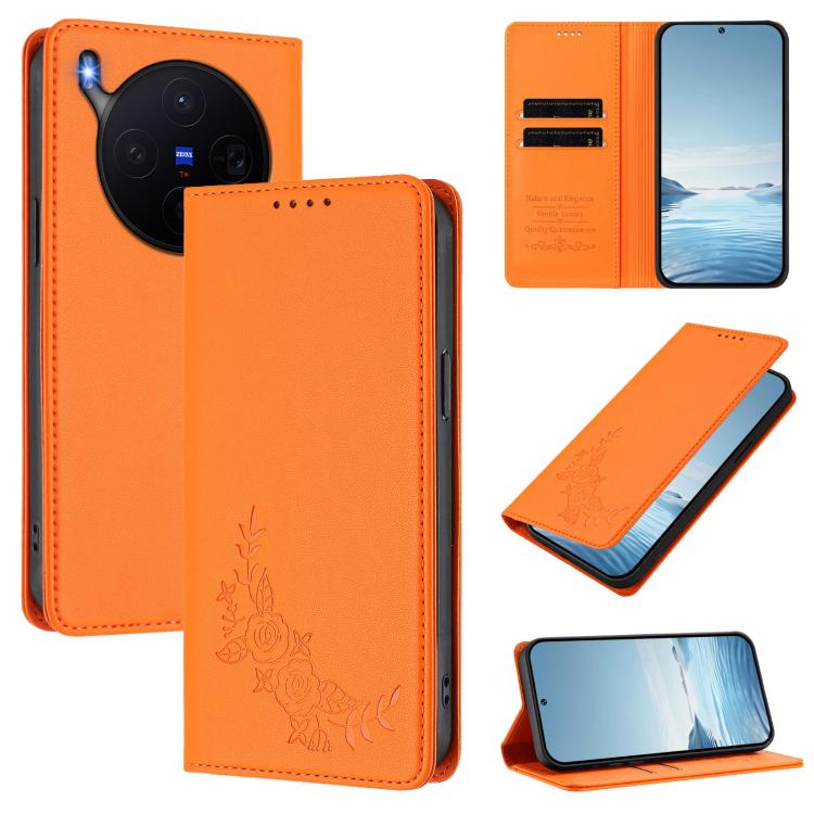Peony Embossed Magnetic RFID Vegan Leather Phone Case, For vivo X300, For vivo V60 Lite 5G Global
