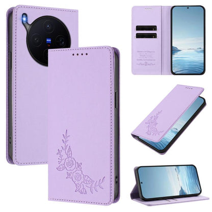 Peony Embossed Magnetic RFID Vegan Leather Phone Case, For vivo X300, For vivo V60 Lite 5G Global