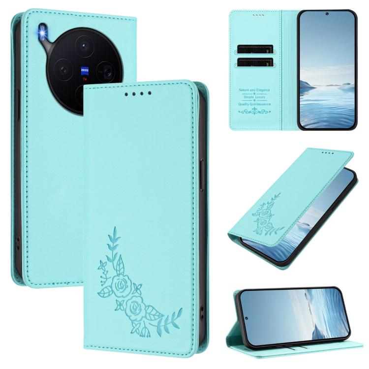 Peony Embossed Magnetic RFID Vegan Leather Phone Case, For vivo X300, For vivo V60 Lite 5G Global