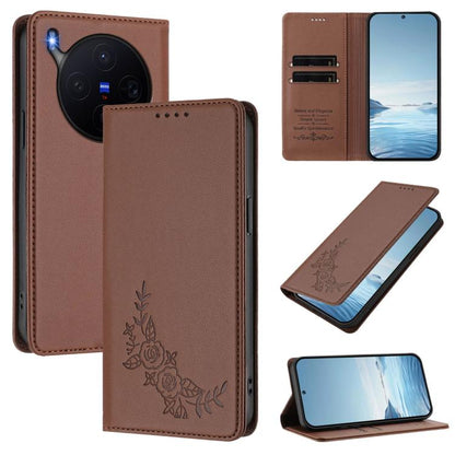Peony Embossed Magnetic RFID Vegan Leather Phone Case, For vivo X300, For vivo V60 Lite 5G Global
