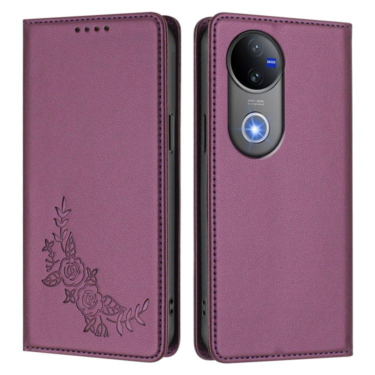 Peony Embossed Magnetic RFID Vegan Leather Phone Case, For vivo V50 5G Global / V50e 5G, For vivo V50 Lite 5G / 4G Global