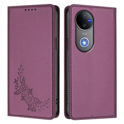 Peony Embossed Magnetic RFID Vegan Leather Phone Case, For vivo V50 5G Global / V50e 5G, For vivo V50 Lite 5G / 4G Global