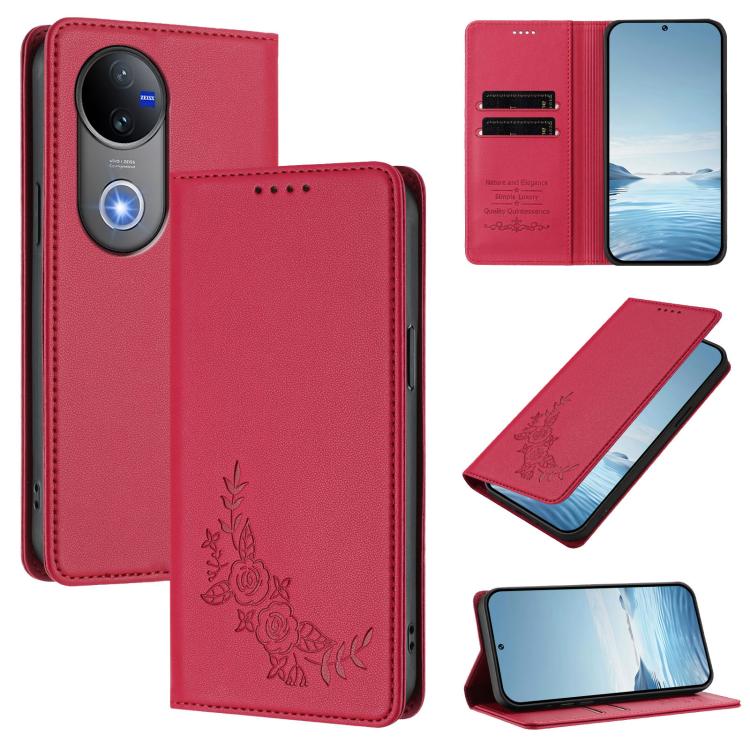 Peony Embossed Magnetic RFID Vegan Leather Phone Case, For vivo V50 5G Global / V50e 5G, For vivo V50 Lite 5G / 4G Global