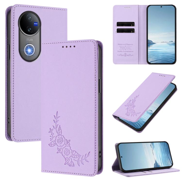 Peony Embossed Magnetic RFID Vegan Leather Phone Case, For vivo V50 5G Global / V50e 5G, For vivo V50 Lite 5G / 4G Global